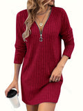 Zjkrl  -  Stylish Women's Solid Color Ribbed Dress - V-Neck, Long Sleeve, High Stretch, Machine Washable, Perfect for Fall/Winter