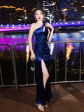 Elegant One Shoulder Velvet Cut Out Dress, Sleeveless Ruched Split Thigh Evening Gown for Party & Banquet, Women's Clothing