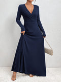 Long Sleeve Elegant Fit and Flare Maxi Dress - Soft Micro Elasticity Polyester Fabric, V-Neck Ribbed Surplice Neck, Machine Washable, Customized Style for Women - Perfect for Spring and Fall Seasons
