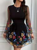 Elegant Semi-Sheer Embroidered Crew Neck Fit and Flare Dress - Micro Elastic Polyester Long Sleeve A-Line Dress for Spring and Fall - Womens Elegant Clothing for Adult