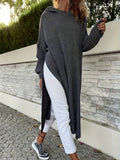 Plus Size Solid Long Sleeve Hooded Casual Sweater Dress with Side Slit for Fall & Winter, Women's Clothing