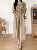 Stylish Solid Color Tie Waist Midi Dress - Women's Long Sleeve Pocket Dress for Spring & Fall - Korean Inspired, Zip Up Collared, Comfortable and Versatile Clothing for Ladies