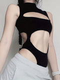 Sleeveless Y2K Cut Out Mock Neck Bodysuit, Women's One Piece Clothing