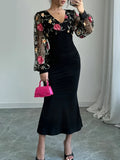 Elegant Women's Contrast Mesh Splicing Bodycon Dress with V Neck and Long Sleeves for Spring & Fall