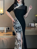 Long Length Floral Print Bodycon Cheongsam Dress - Elegant Mandarin Collar, Half Sleeve, Semi-Sheer, Micro Elasticity, Regular Fit, Slit Hem, Polyester Fabric, Random Printing - Womens Elegant Clothing for All Seasons