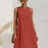 Zjkrl  -  Chic Solid Tiered Keyhole Back Tank Dress - Women's Vacation Sleeveless Crew Neck Loose Fit Dresses for Summer - Comfy Relaxed Style for Beach, Outdoor Activities