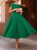 Stunning Off The Shoulder Midi Wedding Guest Dress - Elegant A-line Cocktail Party Dress with Swing Hem - Chic, Sophisticated, and Timeless Style for Women