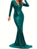 Long Sleeve Sequined Mermaid Fit and Flare Dress - Elegant V-neck, Geometric Pattern, Regular Sleeve, No Elasticity - Perfect for Wedding, Evening, Party, Banquet, Occasion, Engagement, and Ceremony