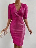 Glitzy Sequin Evening Dress - Flattering V Neck, Half Sleeves, Side Split - Glamorous Party & Clubwear for Women