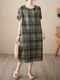 Zjkrl  -  Plus Size Retro Chic Lounge Dress - Soft Plaid Print, Short Sleeve, Crew Neck, Pockets, Comfortable Nightdress for Relaxation