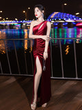 Elegant One Shoulder Velvet Cut Out Dress, Sleeveless Ruched Split Thigh Evening Gown for Party & Banquet, Women's Clothing
