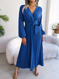 Elegant Micro-Elastic Tunic Dress – Solid Pleated V-Neck with Lantern Sleeves & Belt, Perfect for Adult Women's Fall/Winter Fashion