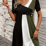 Zjkrl  -  Vibrant Color Block V-Neck Chic Dress - Women's Casual Short Sleeve Loose Fit Dresses for Everyday Wear - Comfortable, Breathable, and Stylish Clothing for Ladies