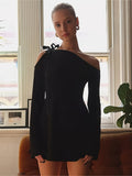 Zjkrl  -  Trendy Asymmetrical Neckline Long Sleeve Dress - Cold Shoulder, Y2K Inspired, Solid Color, Women's Fashion Clothing for Casual Occasions - Comfortable, Flattering Fit