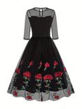 Vintage Chic Rose Embroidered Cocktail Dress - Fitted, Crew Neck, Tea-Length, 100% Polyester Knit Fabric, Elegant 50s Style, All-Season Wear, Embroidery Floral Pattern, High-Quality Stitching, Comfortable Fit, Ideal for Forma