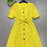 Zjkrl  -  Summer New Fashion V-neck Single-breasted Mid-length Dress