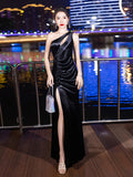 Elegant One Shoulder Velvet Cut Out Dress, Sleeveless Ruched Split Thigh Evening Gown for Party & Banquet, Women's Clothing