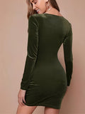 Elegant Velvet Ruched V-Neck Slim Fit Long Sleeve Bodycon Dress for Women - Party & Banquet Wear