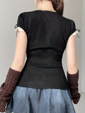Short Sleeve Square Neck Contrast Lace Knit Top - Comfortable Mid Elasticity Cotton Tee for Cute Y2K Style - Summer Solid Color No Printing No Sheer
