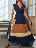 Zjkrl  -  Vibrant Color Block Surplice Neck Maxi Dress - Elegant Sleeveless A-Line Silhouette, Micro Elasticity, Polyester Fabric, Solid Color, Summer Essential - Womens Elegant Clothing for Special Occasions