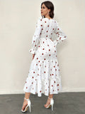 Elegant Women's Floral Print A-line Dress, Long Sleeve Square Neck Ruffle Hem Dress for Spring & Fall