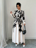 Stunning Floral Print Long Sleeve Belted A-line Dress with Elegant Ruffle Trim Mock Neck, Women's Clothing