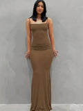 Elegant Solid Color Spaghetti Strap Maxi Mermaid Dress - Soft Micro Elastic Polyester Fabric, Scoop Neck, Bodycon Silhouette, Machine Washable - Comfortable Womens Loungewear for All Seasons