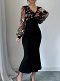 Elegant Women's Contrast Mesh Splicing Bodycon Dress with V Neck and Long Sleeves for Spring & Fall
