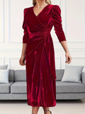 Plus Size Ruched Velvet Dress - Elegant Surplice Neck, Flattering Silhouette, Comfortable Women's Clothing for Special Occasions