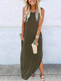 Zjkrl  -  Womens Fashionable Crew Neck Asymmetrical Maxi Dress - Sleeveless & Split Design, Effortlessly Chic for Summer Beach Vacations - A Must-Have Womens Clothing Staple