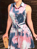 Chic Abstract Print Sleeveless Dress - Flattering Button Front & Tie-waist Detail - Stylish Lapel Collar - Ideal for Spring & Summer - Trendy Womens Clothing