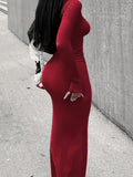 Long Sleeve Solid Casual Maxi Dress, Simple Scoop Neck Dress for Women
