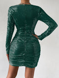 All-Season Glam: Elegant Sequined V-Neck Bodycon Dress with Comfort-Fit Elasticity & Stylish Ruched Details