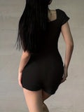 Cozy Ribbed Knit Romper Jumpsuit - Soft Casual Short Sleeve Square Neck Design, Comfortable Women's Clothing for Everyday Wear, Versatile and Chic