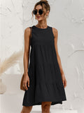 Zjkrl  -  Chic Solid Tiered Keyhole Back Tank Dress - Women's Vacation Sleeveless Crew Neck Loose Fit Dresses for Summer - Comfy Relaxed Style for Beach, Outdoor Activities