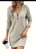 Women'S Solid Color Ribbed Dress, Polyester, Deep V-Neck, Knit Fabric, Fitted, Adult, Autumn/Winter Fashion, Casual Style