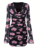 Stunning Floral Mesh Bodycon Dress - Women's Chic Vintage-Inspired Long Sleeve Cowl Neck Dresses with Stretch Fabric, Machine Washable, and Comfortable Fit