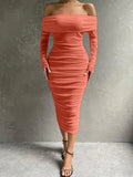 Glamorous Off-Shoulder Ruched Bodycon Dress - Chic Long Sleeve Evening Gown for Parties & Banquets - Premium Womens Fashion