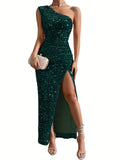 Glamorous Sequined One-Shoulder Gown - Thigh-High Slit, Tailored Fit - Ideal for Parties & Galas