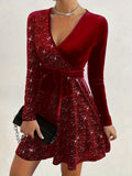 Stunning Solid Contrast Sequin Mini Dress - Elegant V Neck Long Sleeve Dresses for Women - Sparkling Evening Wear with Flattering Fit and Chic Design