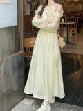 Machine Washable Polyester Summer Dress, Elegant and Slimming A-Line Long Sleeve V-Neck for Women