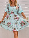 Charming Floral Print Dress with Adjustable Shirred Waist - Chic Short Sleeve Square Neck Design for Women - Perfect Casual Style