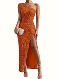 Glamorous Sequined One-Shoulder Gown - Thigh-High Slit, Tailored Fit - Ideal for Parties & Galas