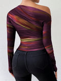 Stylish Women's One-Shoulder Neck Tie Dye Long Sleeve Slim Fit Knit Top, Polyester and Spandex Blend for All-Season Wear