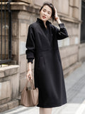 Korean Style A-Line Midi Dress - Polyester and Elastane Blend, Casual Wear for Spring and Autumn, Small Collar, No Pattern, No See-Through, Comfortable and Versatile for Women