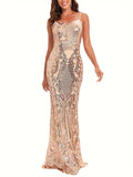 Elegant Skinny Sequined Dress, Sleeveless Floor Length Dress For Party & Banquet, Women's Clothing