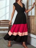 Zjkrl  -  Vibrant Color Block Surplice Neck Maxi Dress - Elegant Sleeveless A-Line Silhouette, Micro Elasticity, Polyester Fabric, Solid Color, Summer Essential - Womens Elegant Clothing for Special Occasions