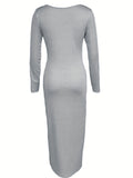 Long Sleeve Solid Casual Maxi Dress, Simple Scoop Neck Dress for Women