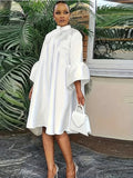 Plus Size Button Front Solid Dress, Elegant Mock Neck Ruffle Cuff 3/4 Sleeve Dress, Women's Plus Size Clothing