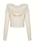 Chic Faux Fur Trimmed Long Sleeve Crop Cardigan - Soft, Cozy, and Warm Winter Essential with Zipper Hood - Perfect for Fall and Winter, Women's Fashion Clothing